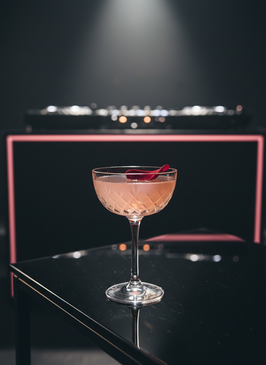 A dramatic close-up of a single rosé cocktail in a cut-crystal coupe glass, its facets scattering tiny reflections of warm ambient light. The drink is a delicate blush pink with a thin ribbon of dark rose petal garnish floating on the surface, set on a glossy black lacquer side table. In the softly blurred background, a minimalist DJ booth with sleek black equipment and glowing rose-colored LED accents hints at an upcoming lineup. Low, moody lighting with a subtle spotlight on the glass creates an intimate, nocturnal atmosphere. Photographic realism, shot from a slightly low angle, emphasizing sophistication, rhythm, and nightlife energy connected to the event.