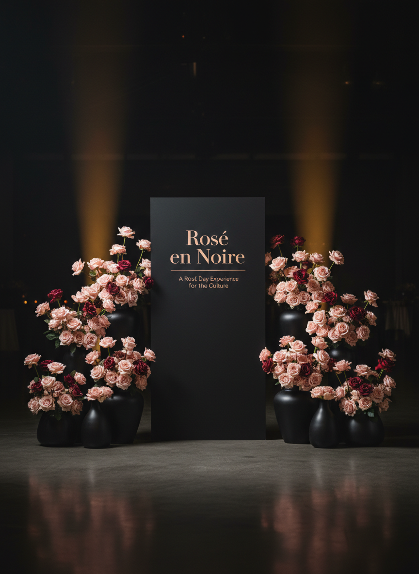 A refined event entrance vignette: a tall, matte-black freestanding sign with the words “Rose en Noire” in elegant rose-gold serif lettering and the tagline “A Rosé Day Experience for the Culture” below. The sign stands on a polished dark concrete floor, framed by two sculptural arrangements of black vases overflowing with contrasting blush and deep burgundy roses. Thin beams of warm spotlighting illuminate the typography and flower textures, leaving the surrounding space in soft shadow. Photographic realism, captured straight-on with balanced composition and moderate depth of field, creating a sense of arrival and exclusivity. The mood is sophisticated, modern, and welcoming, ideal as a visual for tickets or event access.