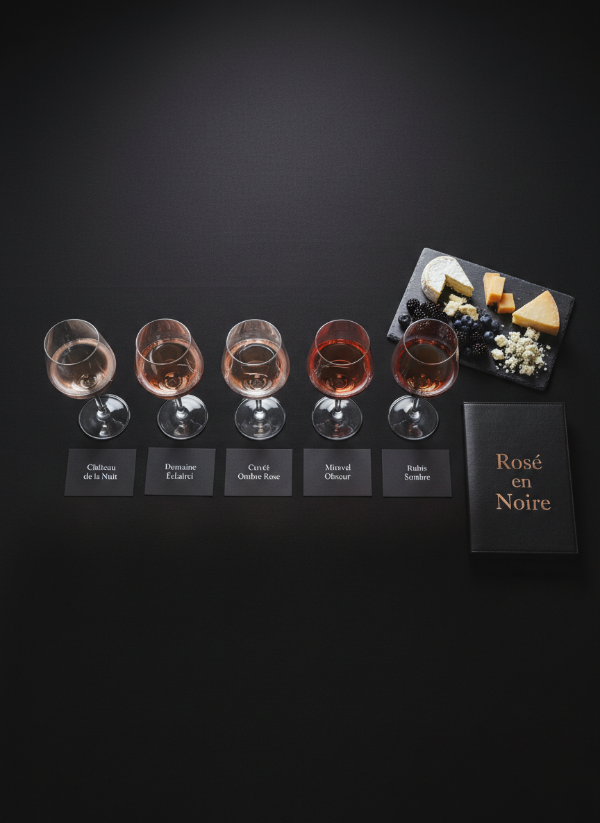 An overhead photographic view of a meticulously styled rosé tasting setup on a matte black tablecloth. Several different shades of rosé in slender crystal glasses form a subtle gradient from pale blush to deep salmon, each glass placed on a small black card with fine white typography. Beside them, a black leather-bound event program embossed with “Rose en Noire” in rose-gold foil rests next to a minimalist slate tray of artisanal cheeses and dark berries. Soft, diffused studio lighting creates gentle highlights on the glassware and foil details, with velvety shadows around the edges. The atmosphere is luxe, curated, and quietly celebratory, conveying a premium cultural event experience without any human presence.