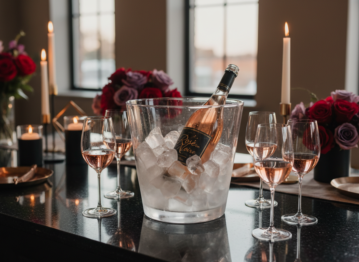 A chilled bottle of pale blush rosé with elegant black-and-gold labeling reading “Rose en Noire,” resting in a clear ice-filled marble bucket on a sleek black stone bar. Around it, crystal wine glasses filled with glistening rosé catch soft golden hour light streaming through tall windows, creating delicate reflections on the glossy surface. In the blurred background, hints of minimalist event décor—dark roses, matte black candleholders, and subtle metallic accents—suggest a refined celebration. Photographic realism, shot at eye level with a shallow depth of field, emphasizing the bottle and glasses. The mood is sophisticated and anticipatory, perfect for an upscale rosé day event experience.