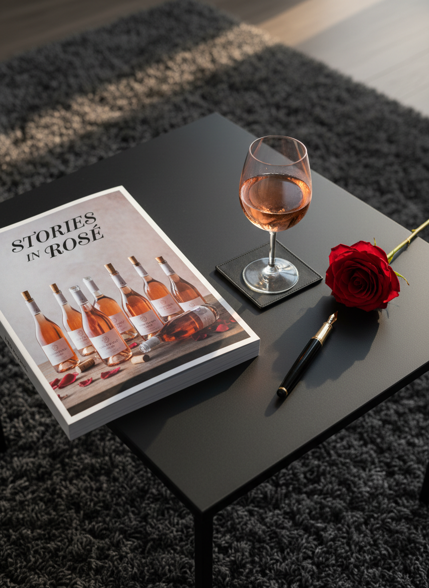 A curated storytelling scene on a low black coffee table: an open, high-quality printed zine titled “Stories in Rosé” showcasing a full-bleed photograph of rosé bottles on one page and elegant black text on the other. Beside it, a half-filled glass of rosé rests on a square black coaster, next to a vintage-style black fountain pen and a single dark rose lying diagonally. The table sits on a plush charcoal rug, with soft afternoon light filtering in from an unseen window, casting gentle shadows and a warm sheen on the glass. Photographic realism, shot from a slightly elevated angle, with a cozy yet polished atmosphere that suggests cultural storytelling and reflection around the event experience.